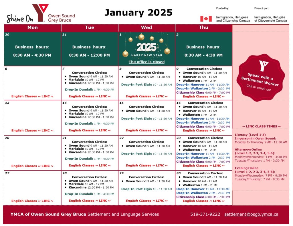 YMCA Settlement Services Workshop Calendar Jan 2025